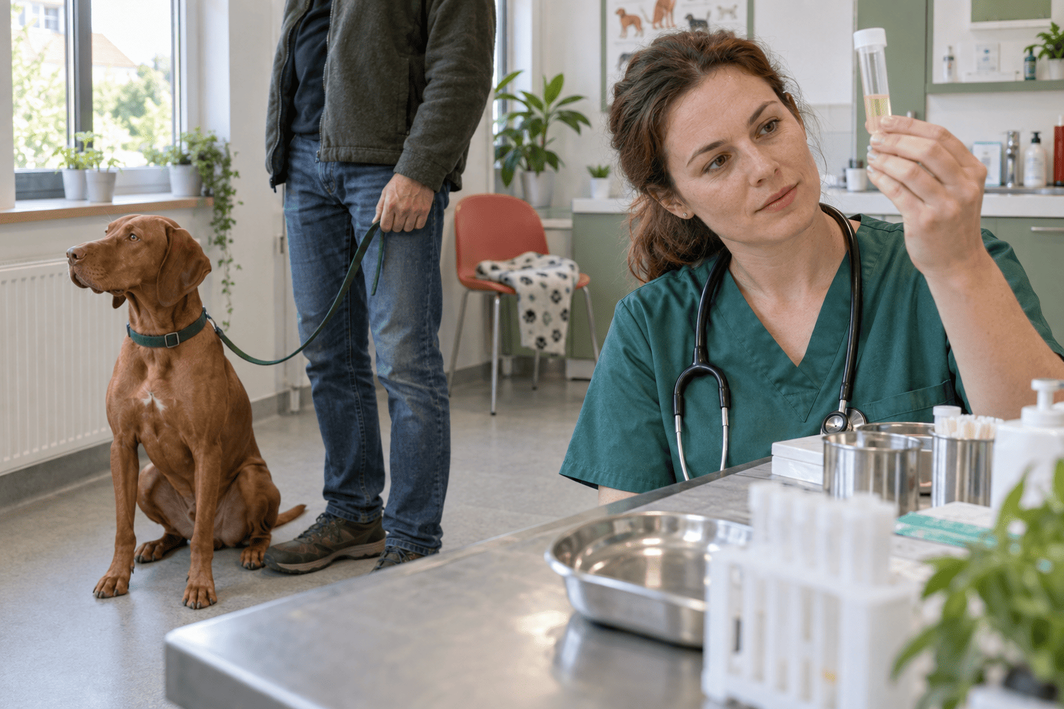 Veterinárka kontroluje vzorku moču psa pri laboratórnom vyšetrení